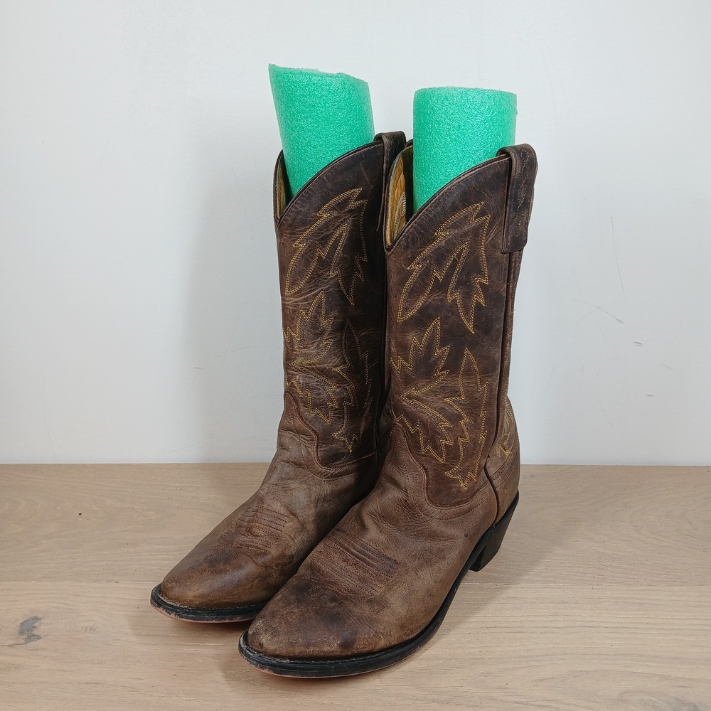 Old West Cowboy Boots Men Brown Leather Western Embroidered Pull On Vintage